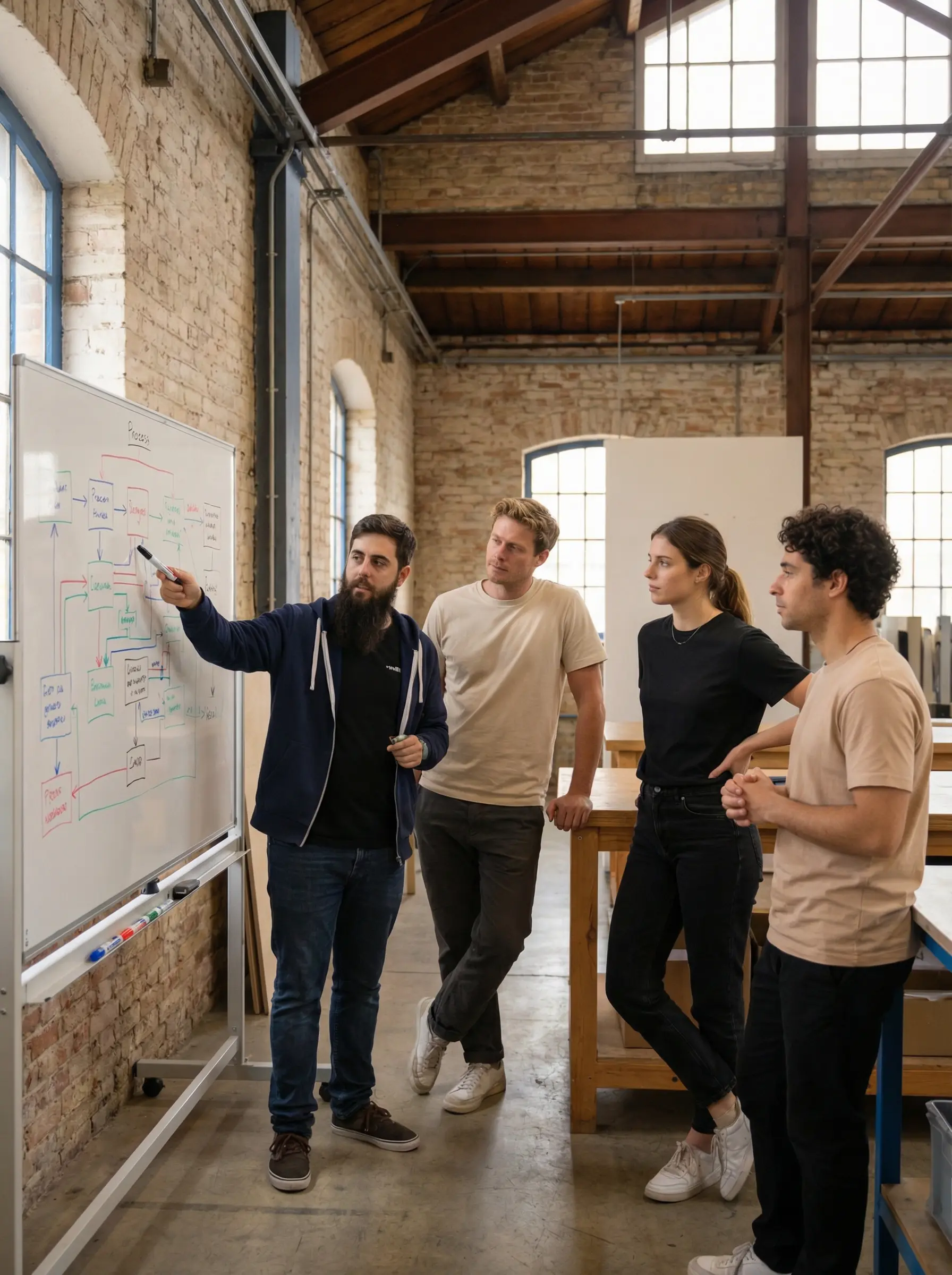A Webcircles consultant is explaining a process flow sketched on a whiteboard.