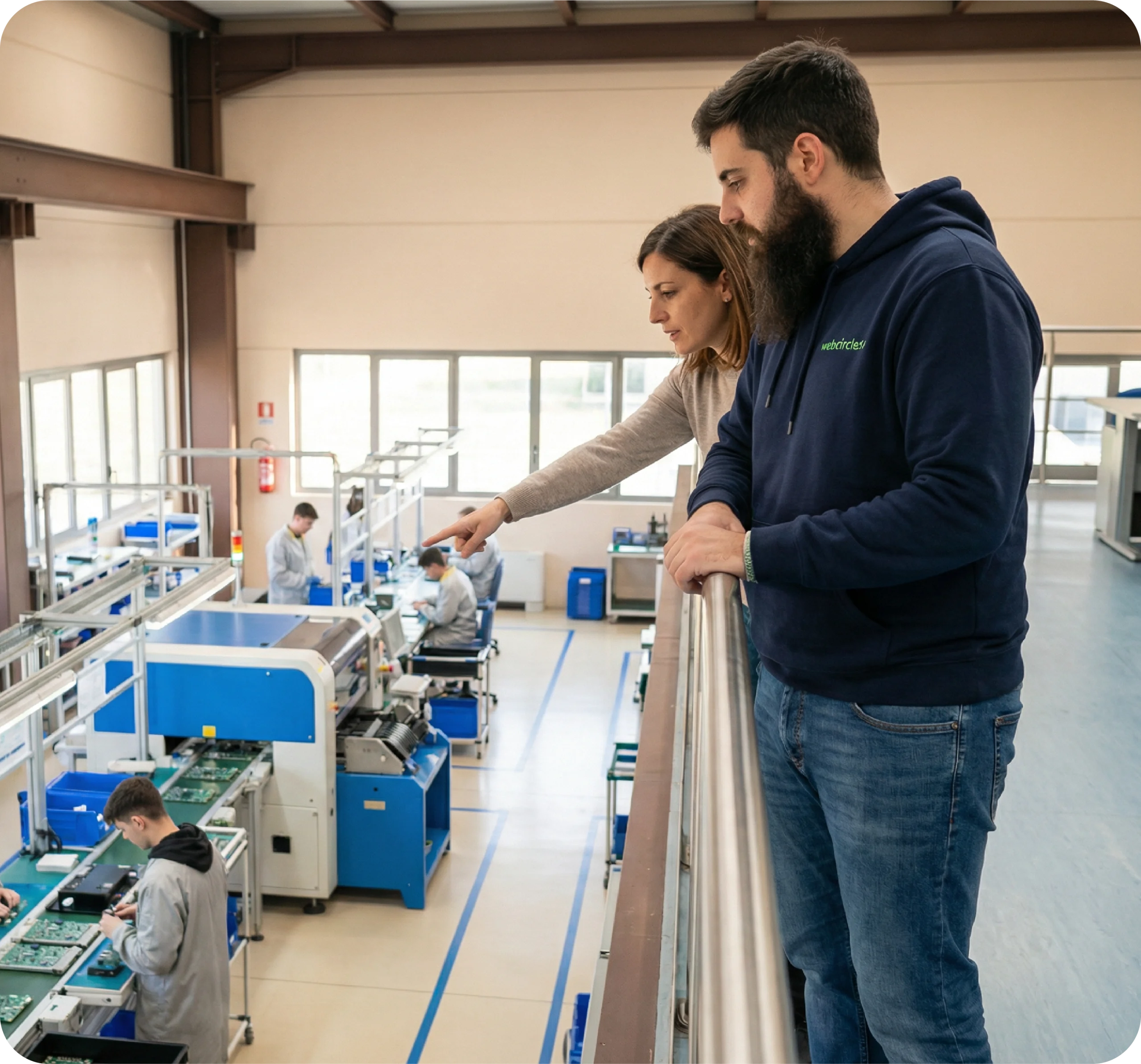 A Webcircles consultant supervises a production line together with the production manager.
